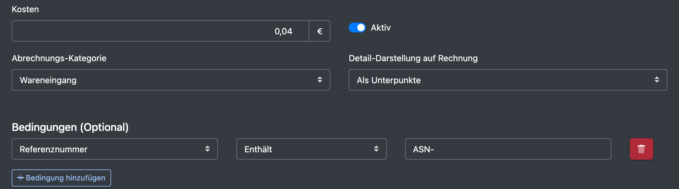 Screenshot: Unterer Teil des Formulars mit Kosten, Abrechnungs-Kategorie, Detail-Darstellung, einer Bedingung auf die Referenznummer und Aktiv