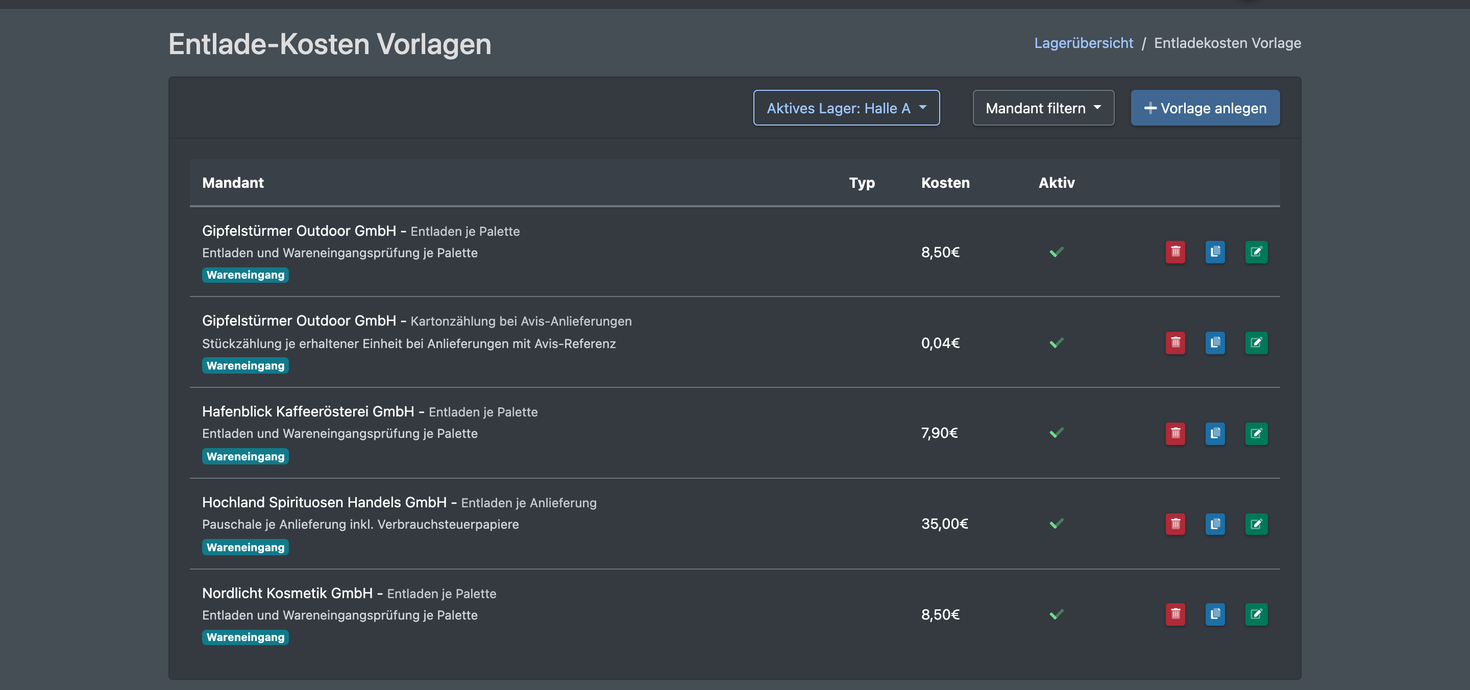Screenshot: Liste der Entladekosten-Vorlagen mit Mandanten-Filter und den Spalten Mandant, Typ, Kosten und Aktiv