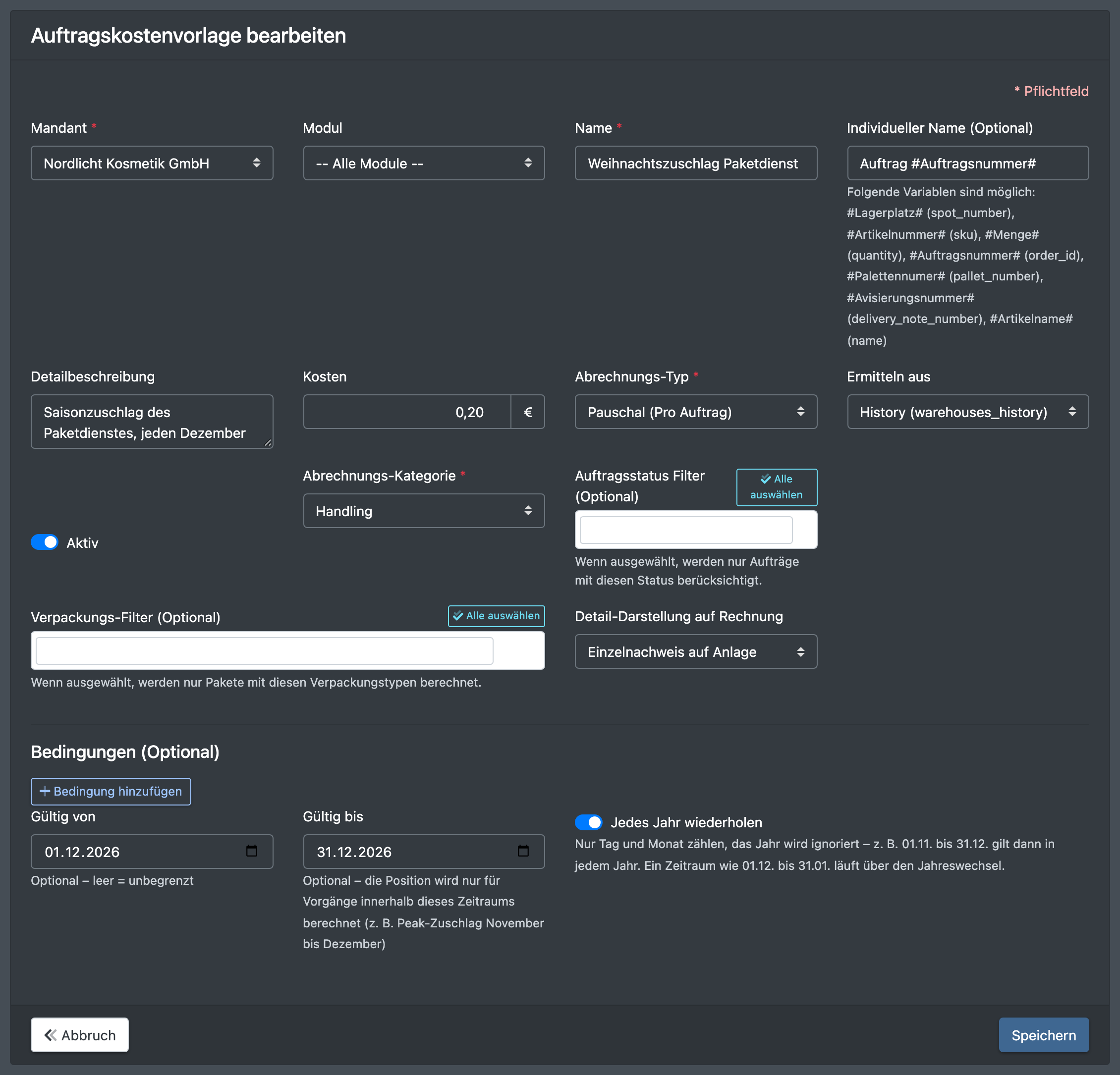 Screenshot: Formular einer Kostenvorlage mit den Feldern „Gültig von“, „Gültig bis“ und „Jedes Jahr wiederholen“ unten