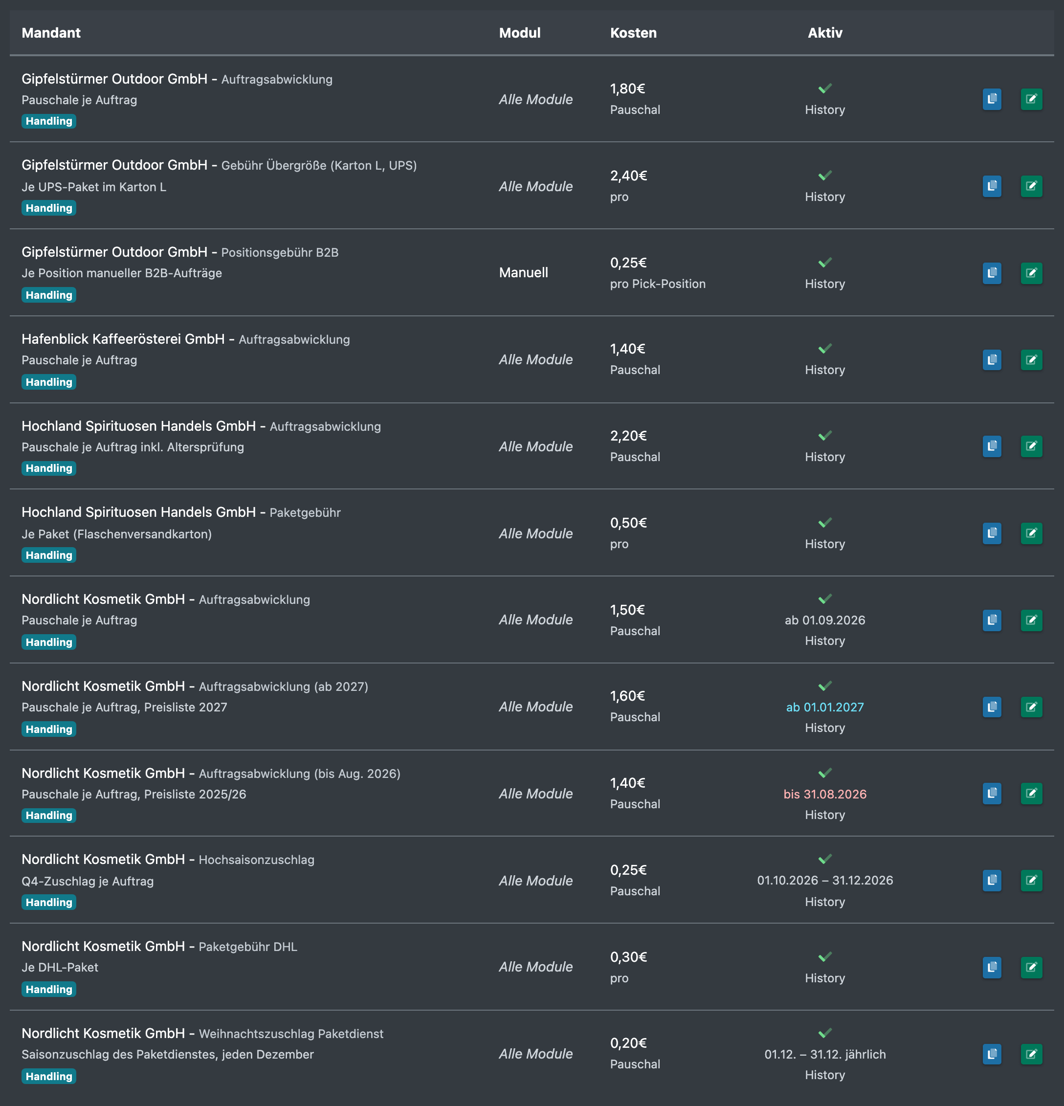 Screenshot: Übersichtsliste der Auftragskosten-Vorlagen mit Gültigkeitszeiträumen in Grau, Blau und Rot unter dem Aktiv-Symbol