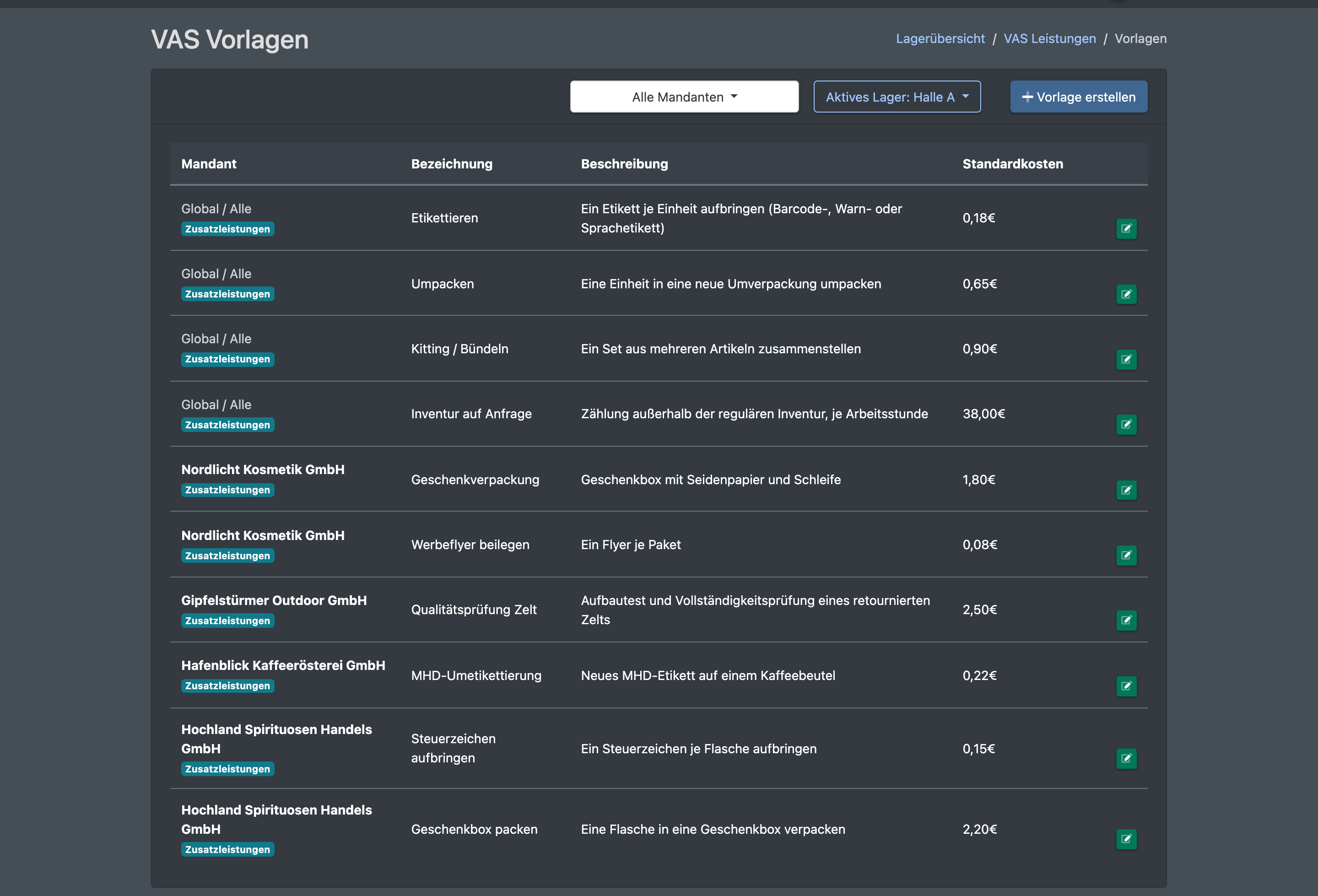 Screenshot: Liste „VAS Vorlagen“ mit den Spalten Mandant, Bezeichnung, Beschreibung, Standardkosten und dem Button „Vorlage erstellen“