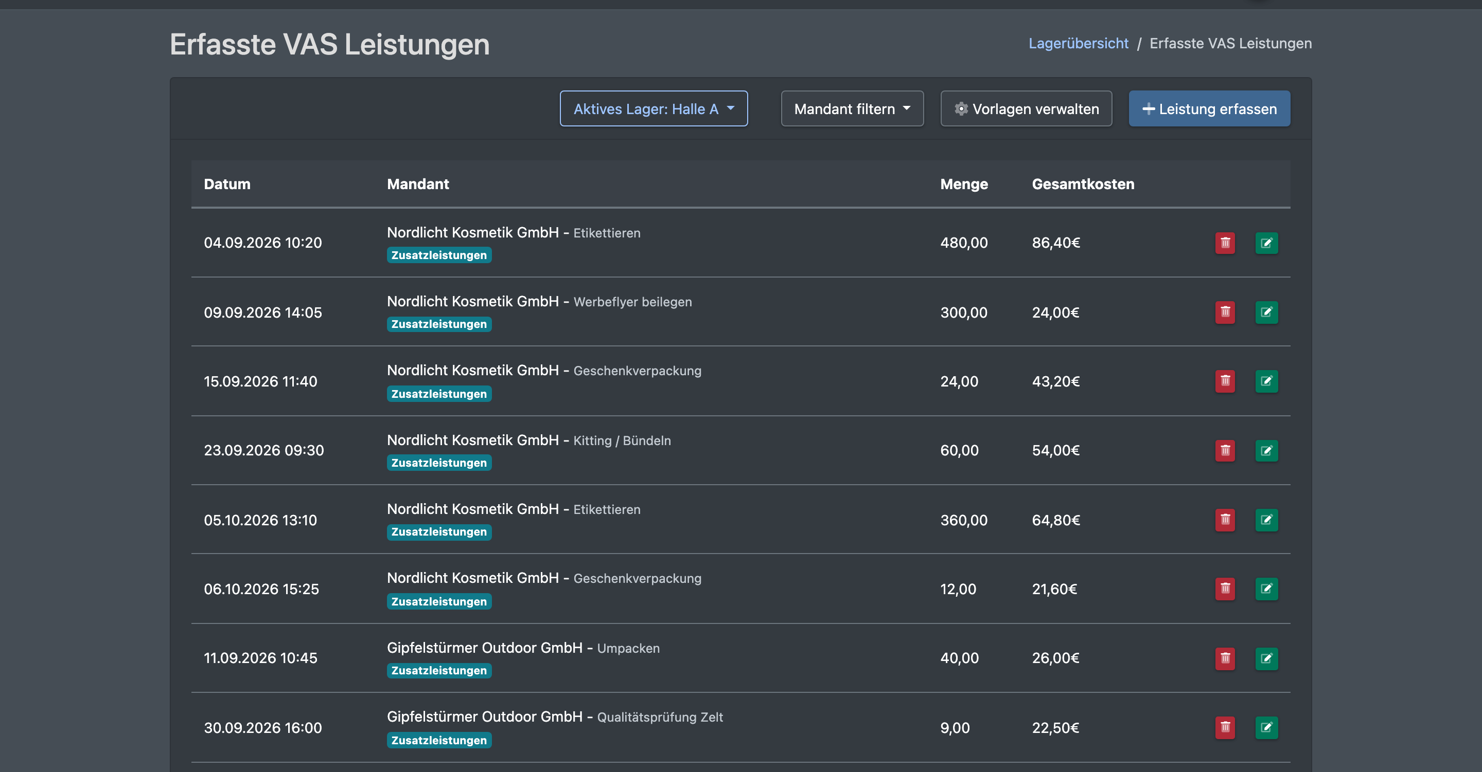 Screenshot: Liste „Erfasste VAS Leistungen“ mit Mandanten-Filter, den Buttons „Vorlagen verwalten“ und „Leistung erfassen“ und den Spalten Datum, Mandant, Menge, Gesamtkosten