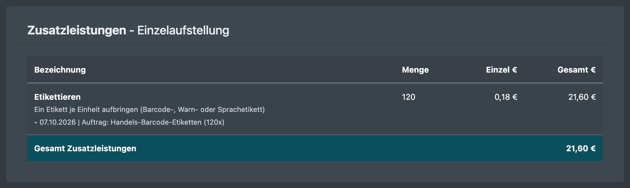 Screenshot: Mandanten-Abrechnung mit einer VAS-Position „Labelling“ in der Einzelaufstellung