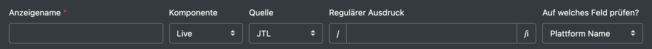 Screenshot: Formular „Neuer Eintrag“ mit Anzeigename, Komponente, Quelle, Regulärer Ausdruck und Auf welches Feld prüfen?