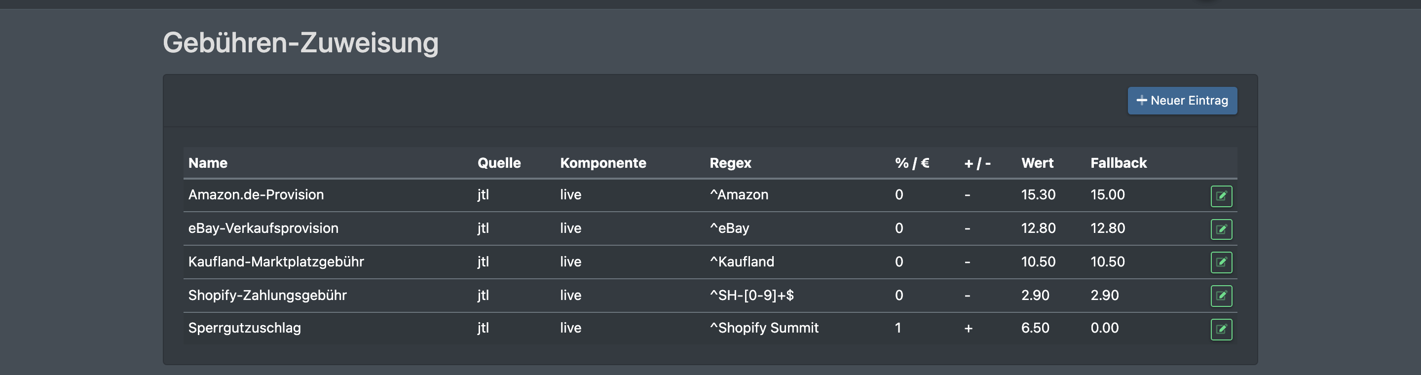 Screenshot: Übersicht Gebühren-Zuweisung mit mehreren Einträgen (Anzeigename, Quelle, Regulärer Ausdruck, Wert)