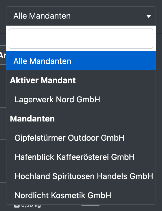 Screenshot: Auftragsübersicht mit aufgeklapptem Mandantenfilter, der den neu angelegten Mandanten zeigt