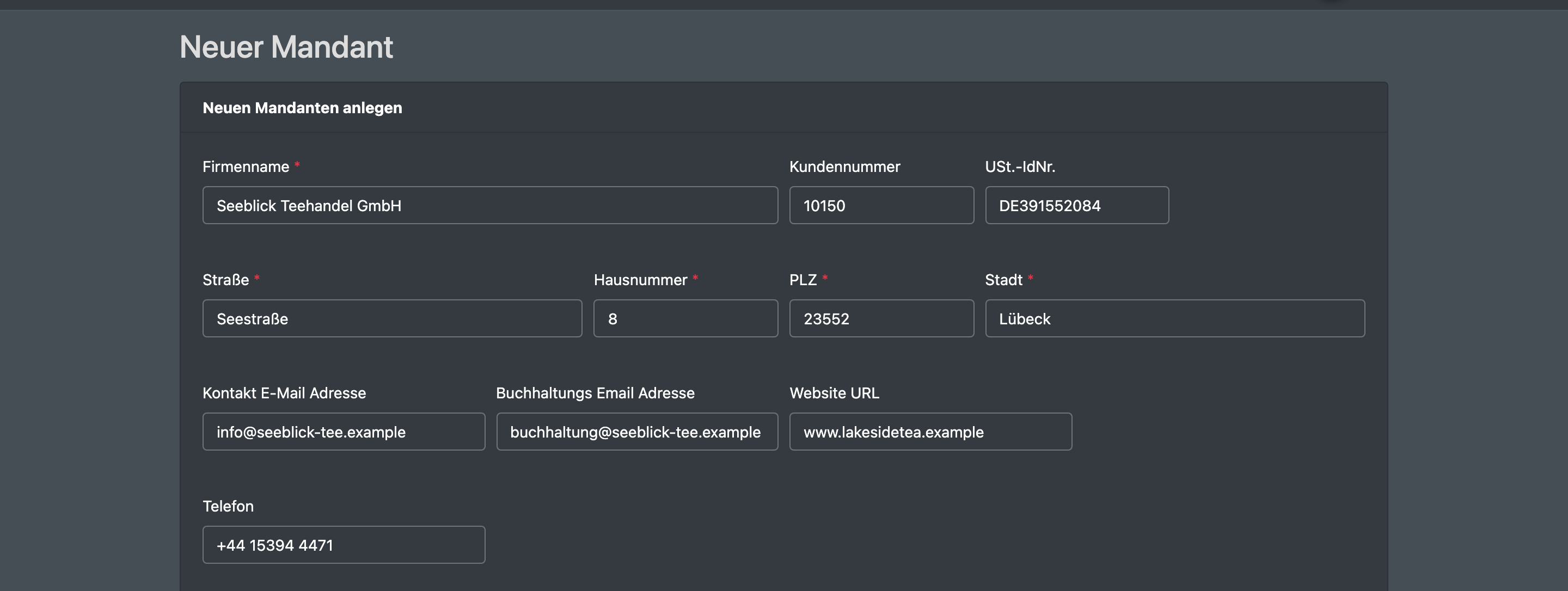 Screenshot: Formular „Neuen Mandanten anlegen“ mit ausgefülltem Firmennamen, Adresse und Kontaktfeldern