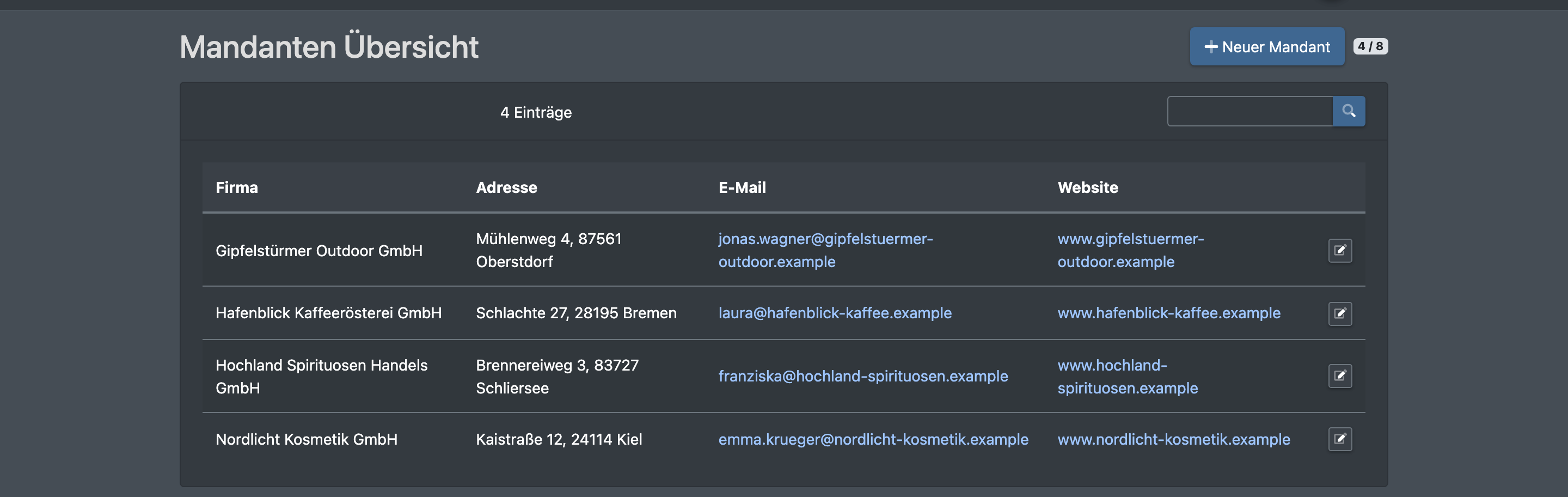 Screenshot: Mandanten Übersicht mit der Liste der Mandanten, dem Suchfeld und der Schaltfläche „Neuer Mandant“