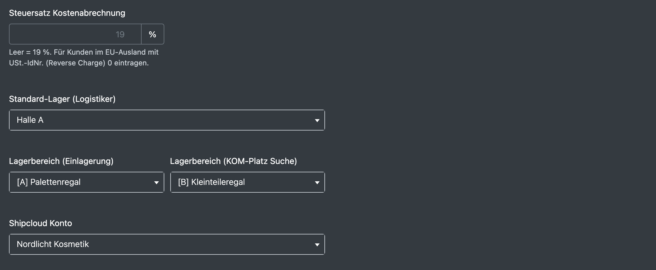 Screenshot: Unterer Teil des Mandantenformulars mit Standard-Lager, den beiden Lagerbereich-Feldern, Shipcloud Konto und Steuersatz