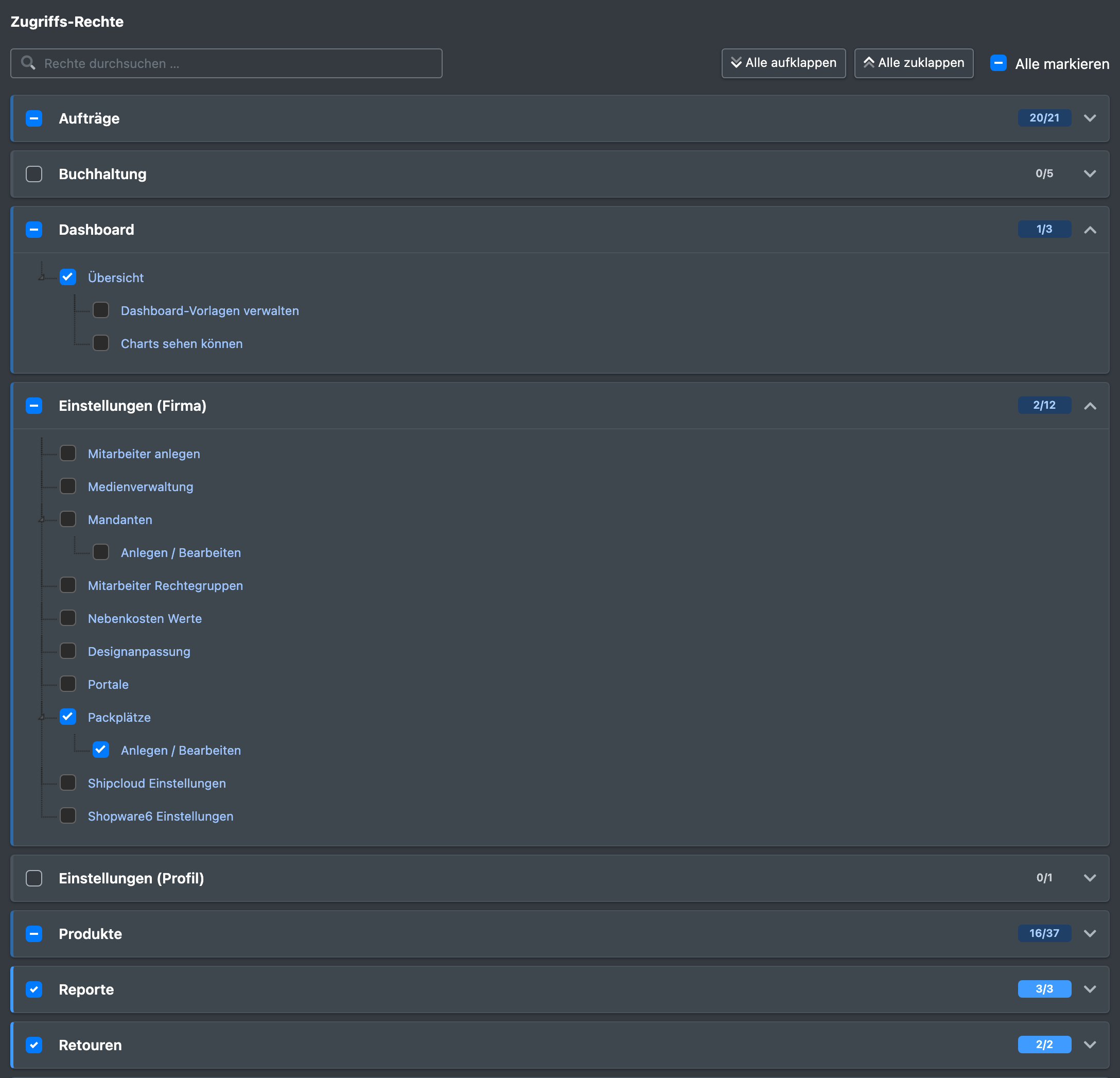 Screenshot: Rechtebaum Zugriffs-Rechte im Mitarbeiterformular mit Suchfeld und einigen aufgeklappten und angehakten Modulen