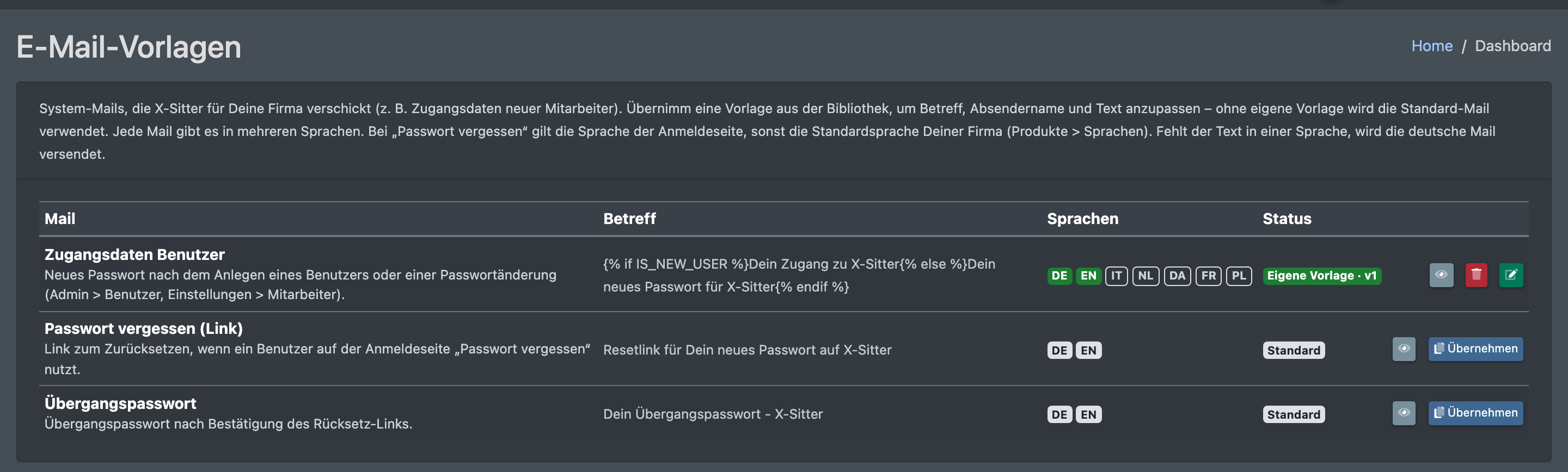 Screenshot: Übersicht der E-Mail-Vorlagen mit den System-Mails, ihrem Betreff, den Sprach-Abzeichen, dem Status und den Knöpfen Vorschau und Übernehmen