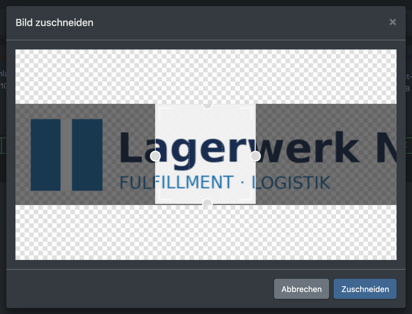 Screenshot: Dialog Bild zuschneiden mit einem Zuschneiderahmen auf einem hochgeladenen Logo