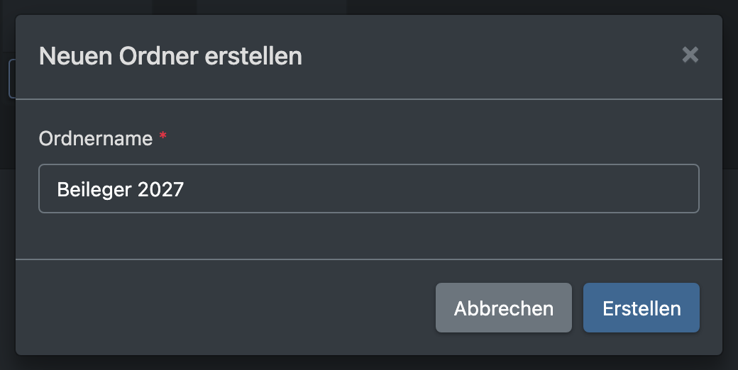 Screenshot: Dialog „Neuen Ordner erstellen“ mit dem Feld Ordnername