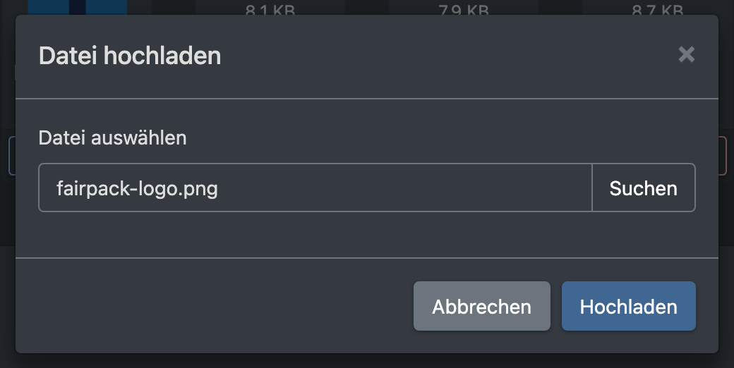 Screenshot: Dialog zum Hochladen mit einer ausgewählten Datei und der Schaltfläche Hochladen