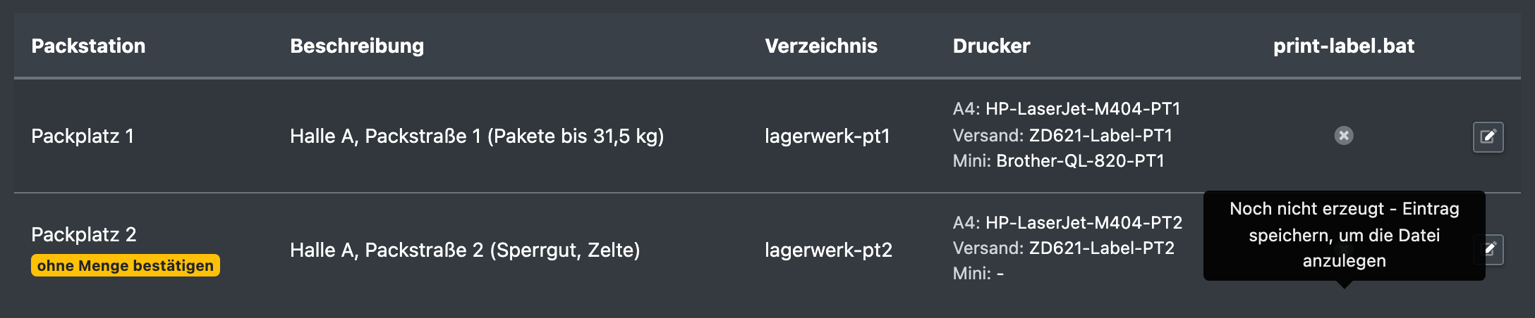 Screenshot: Packtisch-Liste mit einem Eintrag, der „Noch nicht erzeugt - Eintrag speichern, um die Datei anzulegen“ zeigt