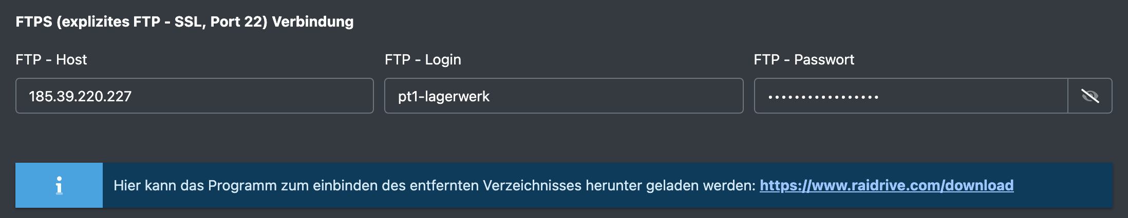 Screenshot: Verbindungsbereich des Packtisch-Formulars mit FTP - Host, FTP - Login, FTP - Passwort und dem Download-Hinweis