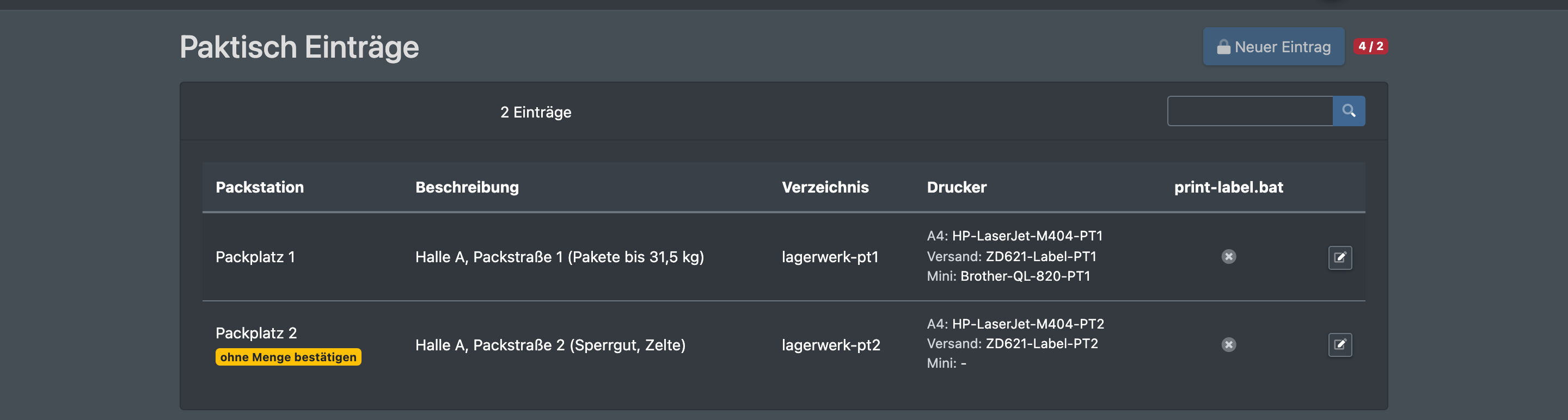 Screenshot: Liste der Packtisch-Einträge mit den Spalten Packstation, Verzeichnis, Drucker, Beschreibung und dem Status der Versanddatei