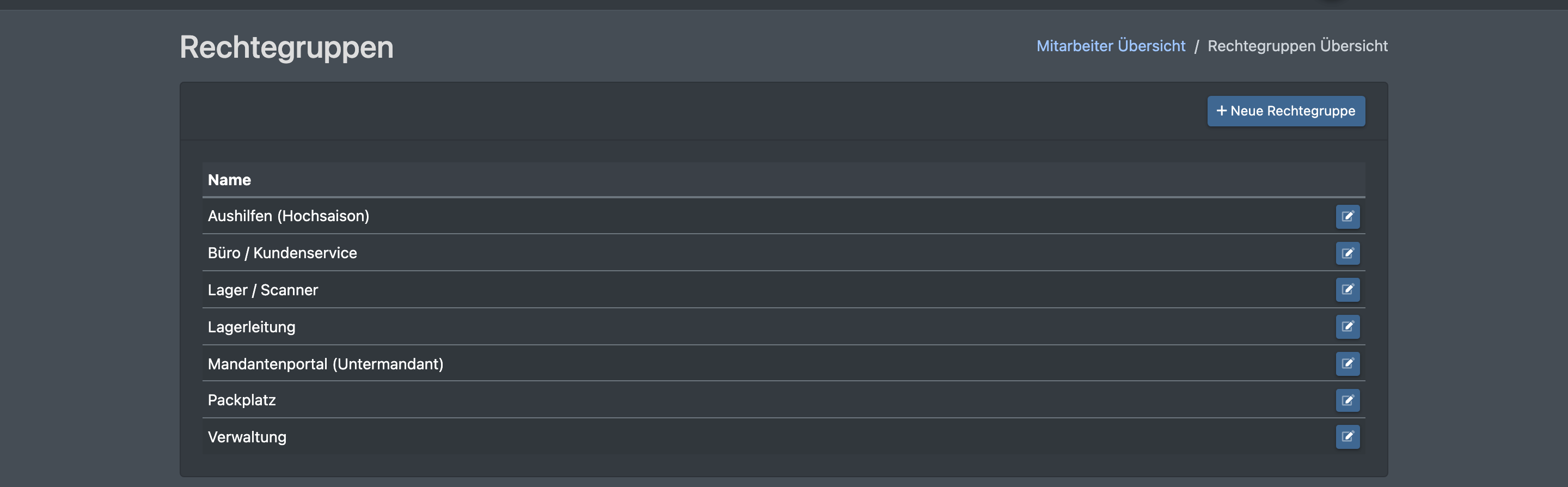 Screenshot: Rechtegruppen Übersicht mit einer Liste von Rollen und der Schaltfläche „Neue Rechtegruppe“