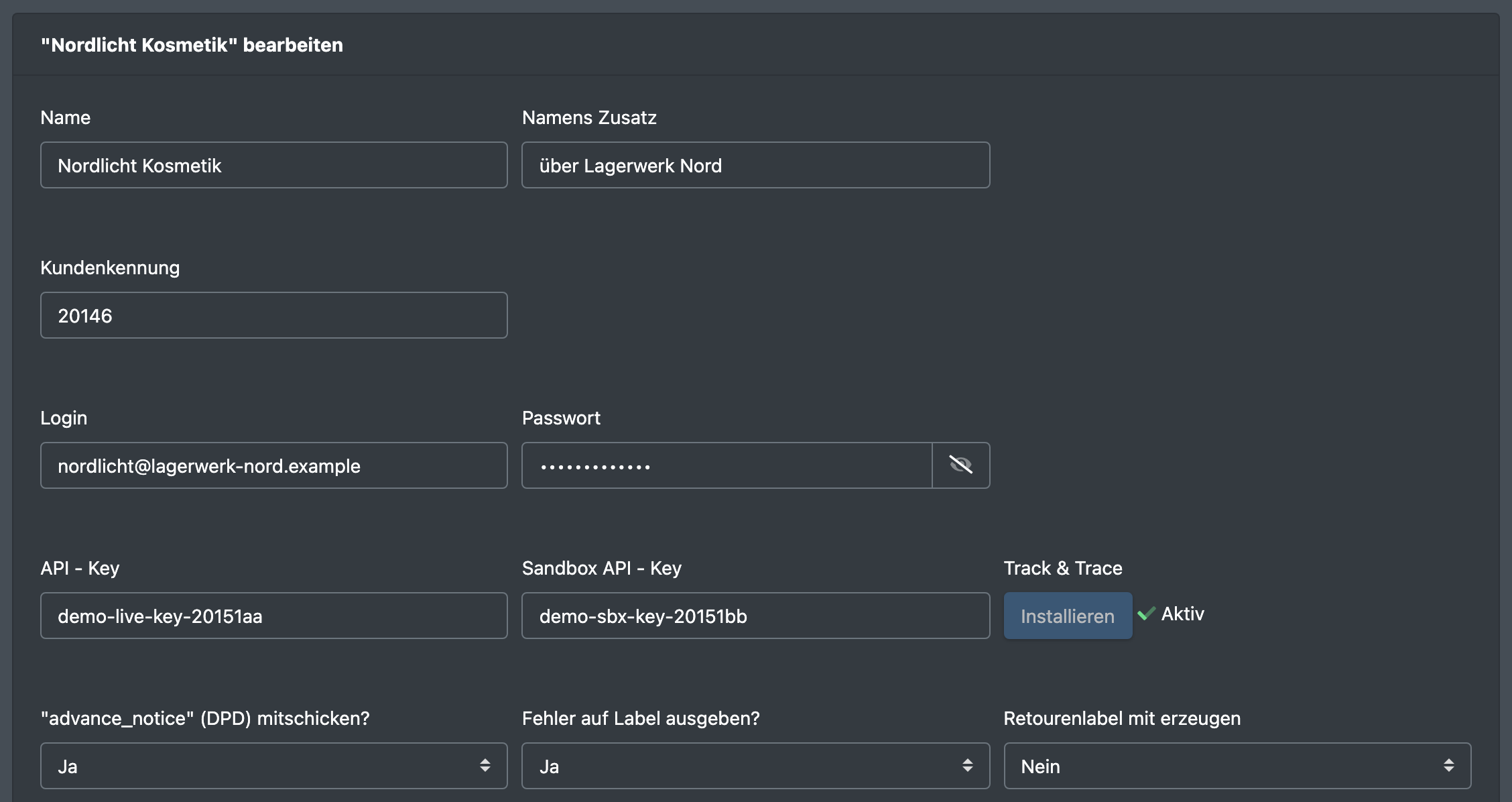 Screenshot: Oberer Teil des Shipcloud-Formulars mit Name, Kundenkennung, Login, API - Key, Sandbox API - Key und den drei Ja/Nein-Optionen