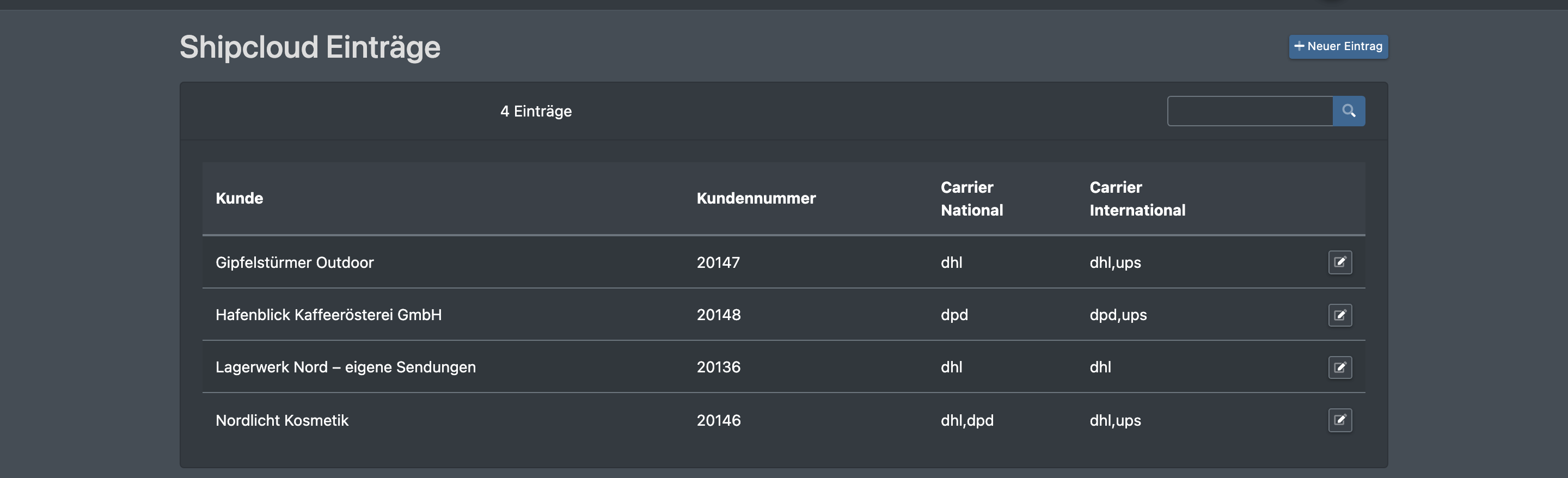 Screenshot: Liste Shipcloud Einträge mit den Spalten Kunde, Kundennummer, Carrier National und Carrier International