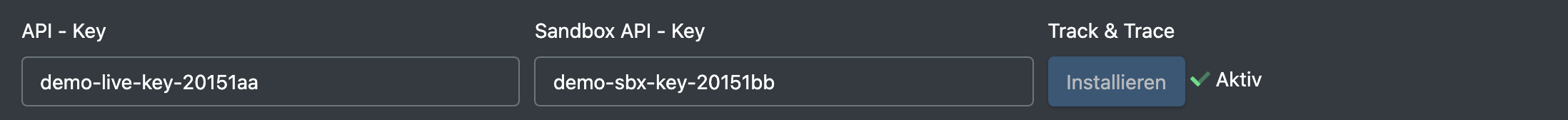 Screenshot: Bereich Track & Trace im Shipcloud-Formular mit der deaktivierten Schaltfläche Installieren und dem grünen Haken „Aktiv“