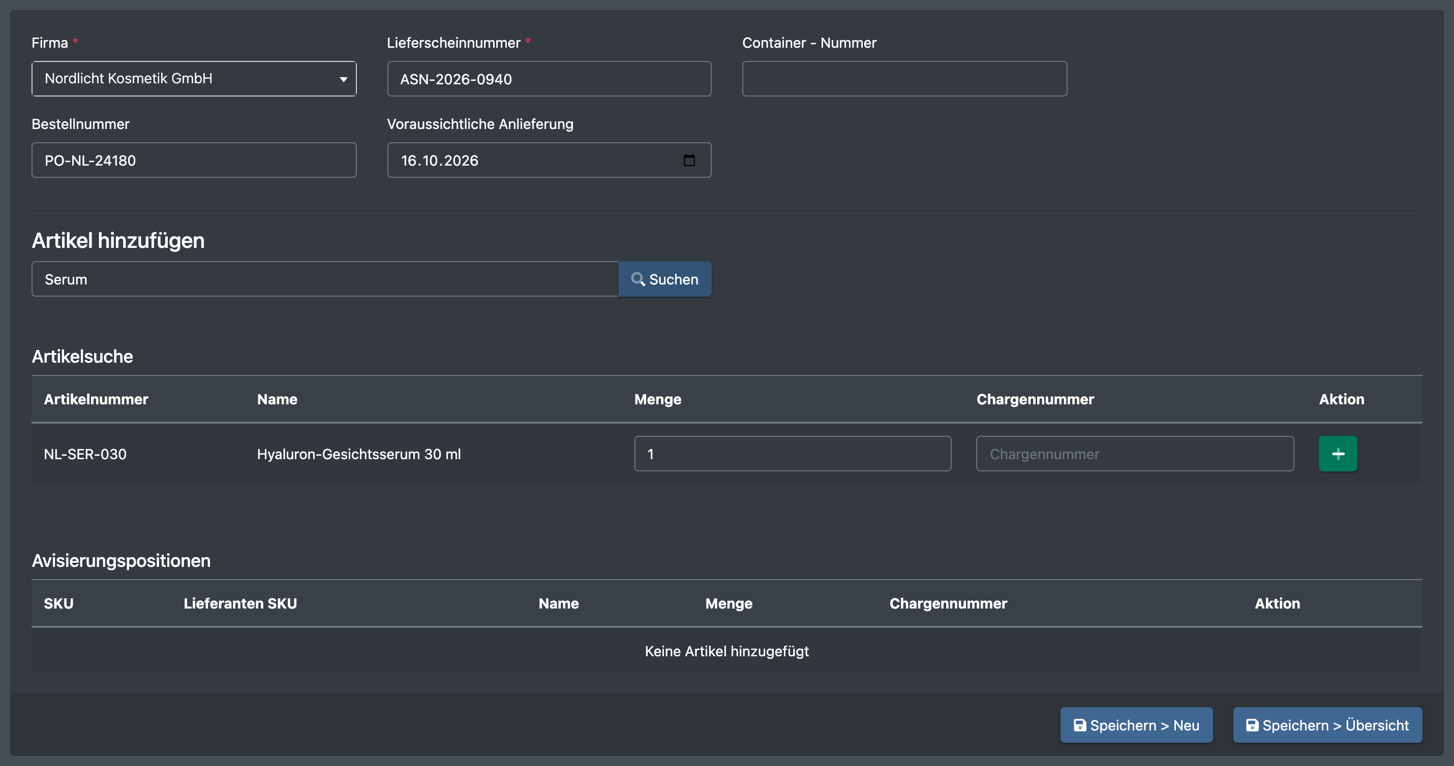 Screenshot: Formular „Neue Avisierung“ mit ausgefüllten Kopffeldern und der Artikelsuche unter „Artikel hinzufügen“