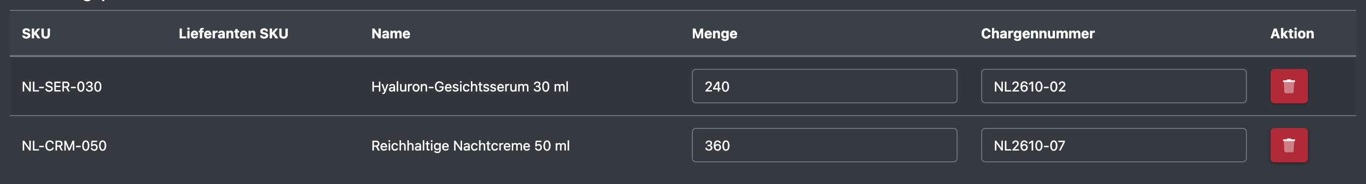 Screenshot: Liste „Avisierungspositionen“ mit zwei Artikeln, Menge und Chargennummer