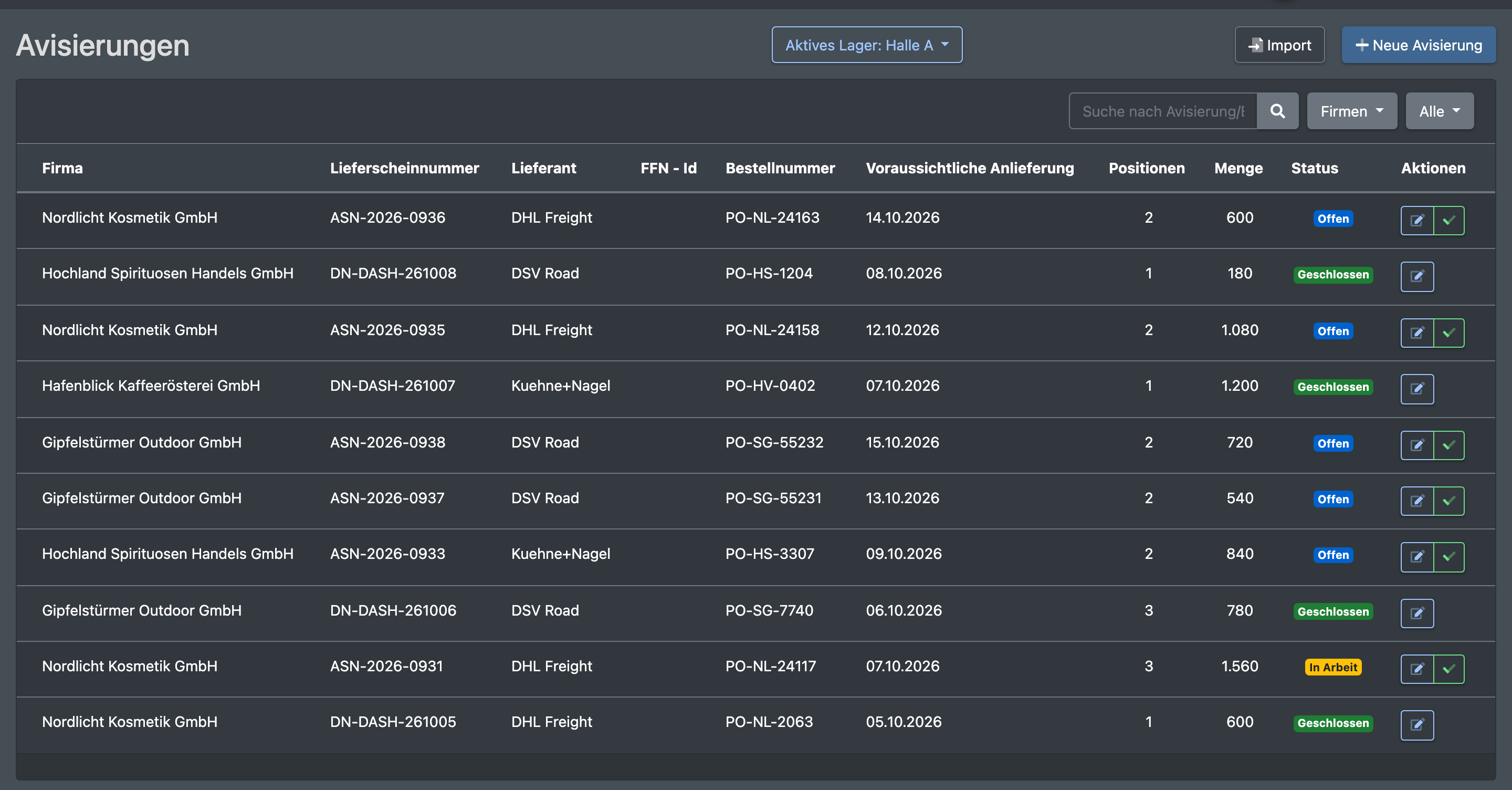Screenshot: Übersicht „Avisierungen“ mit Statusfilter, Firmenfilter, Suchfeld und einigen Avisierungen in verschiedenen Status