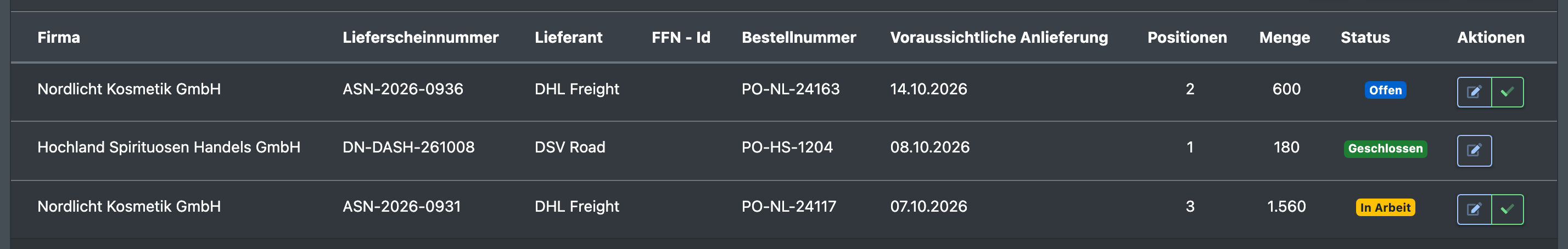 Screenshot: Status-Badges „Offen“, „In Arbeit“ und „Geschlossen“ in der Übersicht „Avisierungen“