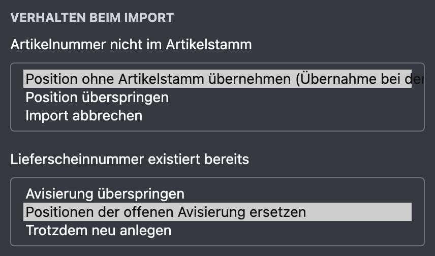 Screenshot: Bereich „Verhalten beim Import“ mit beiden geöffneten Auswahllisten