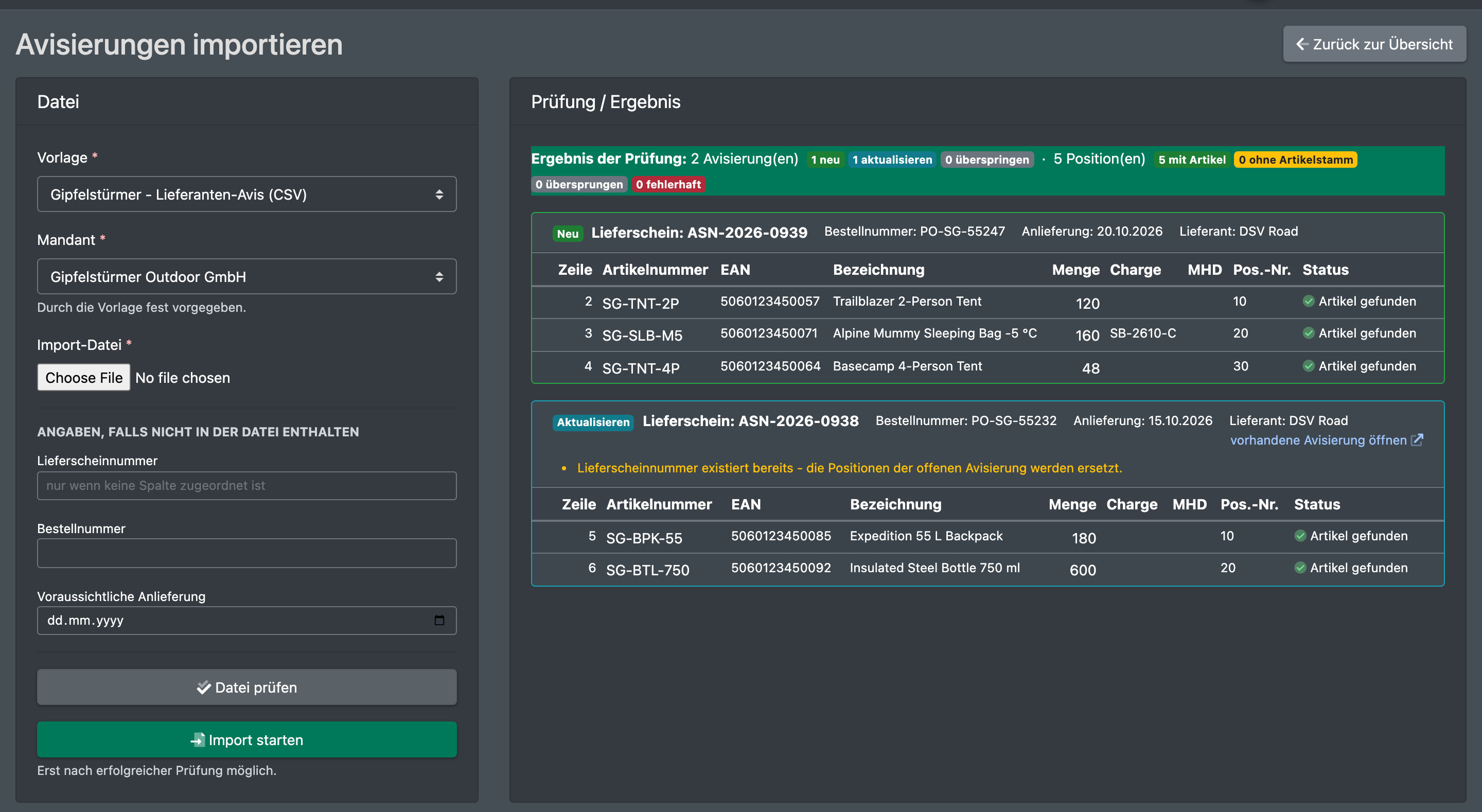 Screenshot: Import-Seite nach „Datei prüfen“ mit der Vorschau der anzulegenden Avisierungen und Positionen