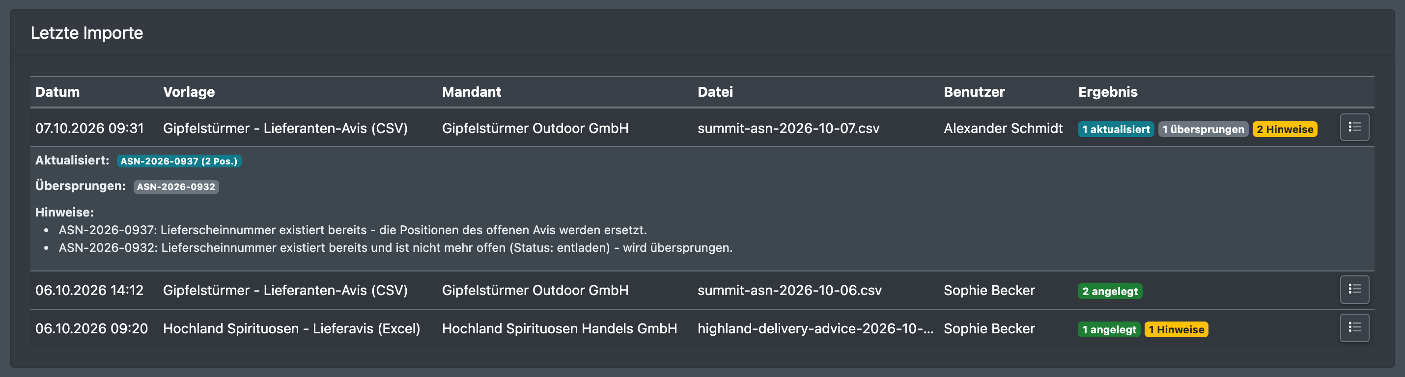 Screenshot: Tabelle „Letzte Importe“ mit Anzahl angelegt, aktualisiert und übersprungen und geöffneten Details