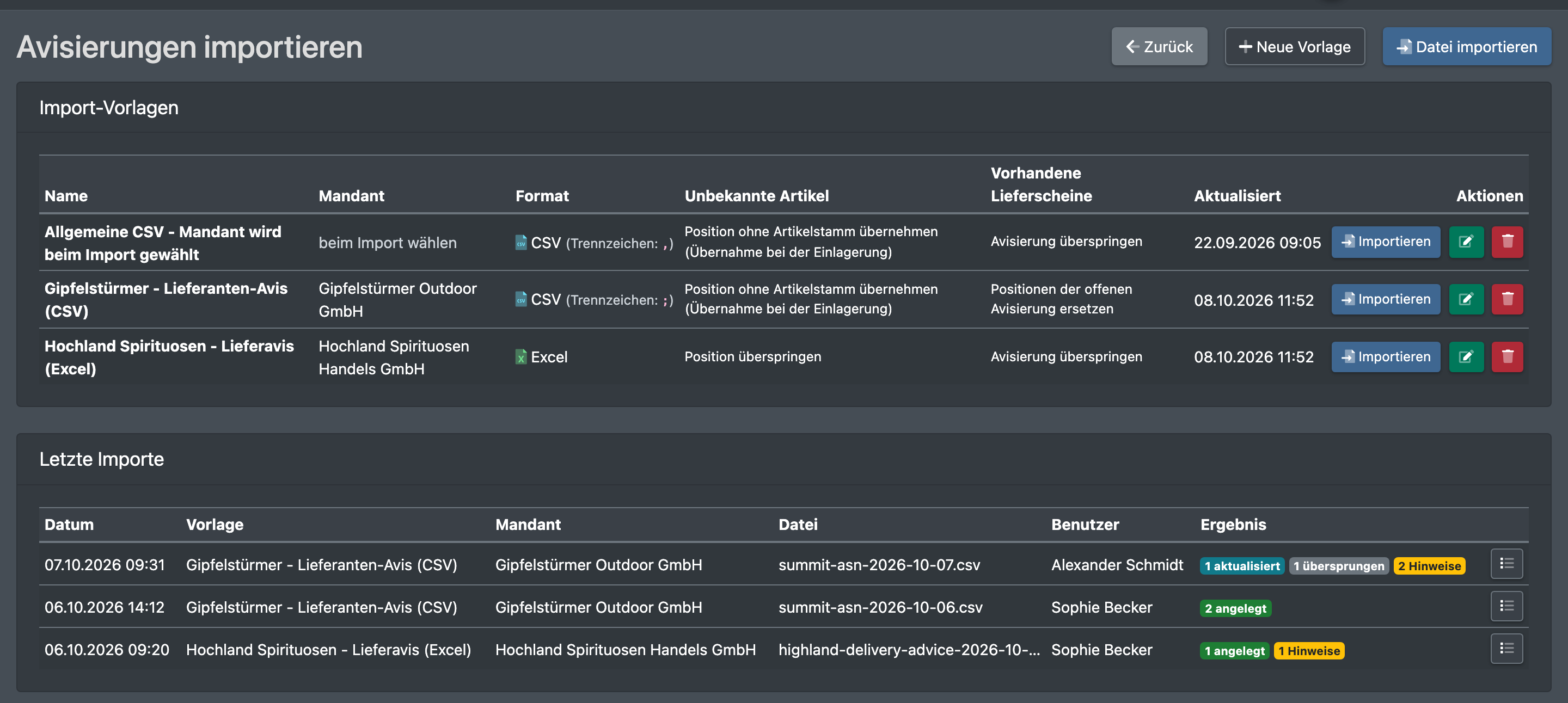 Screenshot: Seite „Avisierungen importieren“ mit der Liste der Import-Vorlagen und der Tabelle „Letzte Importe“