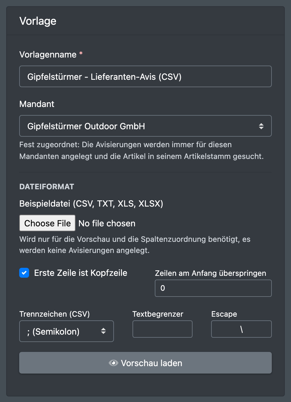 Screenshot: Formular „Import-Vorlage erstellen“ mit Vorlagenname, Mandant, Dateiformat und CSV-Einstellungen
