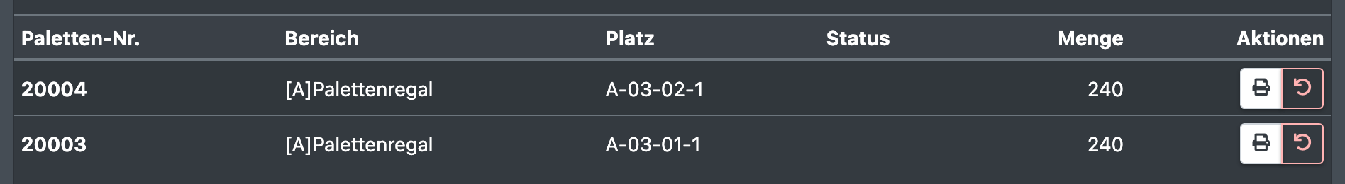 Screenshot: Liste der gebuchten Paletten mit den Schaltflächen „Label erneut drucken“, „Artikeletikett drucken“ und „Einlagerung rückgängig machen“