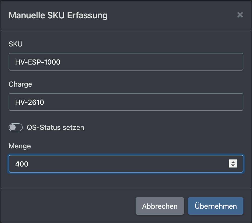 Screenshot: Dialog „Manuelle SKU Erfassung“ mit SKU, Eigentümer, Charge, MHD und Menge