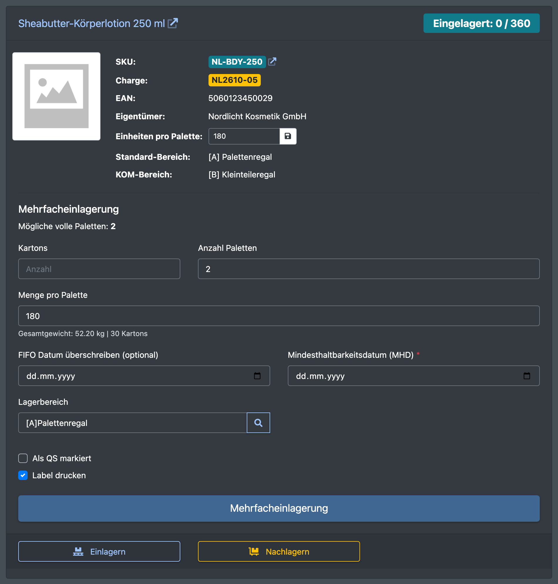 Screenshot: Maske „Mehrfacheinlagerung“ mit Anzahl Paletten und Menge pro Palette