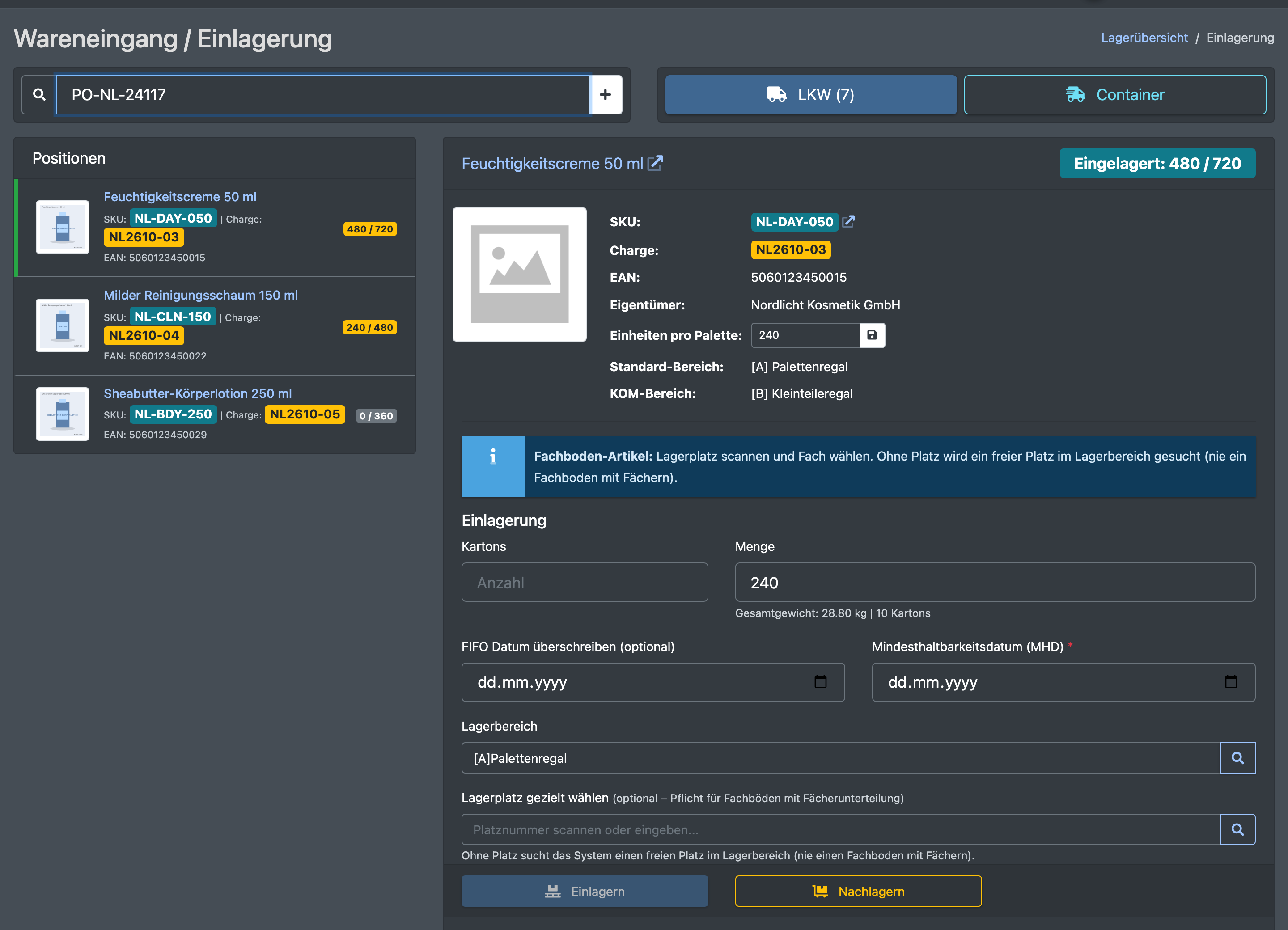 Screenshot: Seite „Wareneingang / Einlagerung“ mit Scanfeld, den Schaltflächen „LKW“ und „Container“ und der Liste der Positionen einer geladenen Avisierung