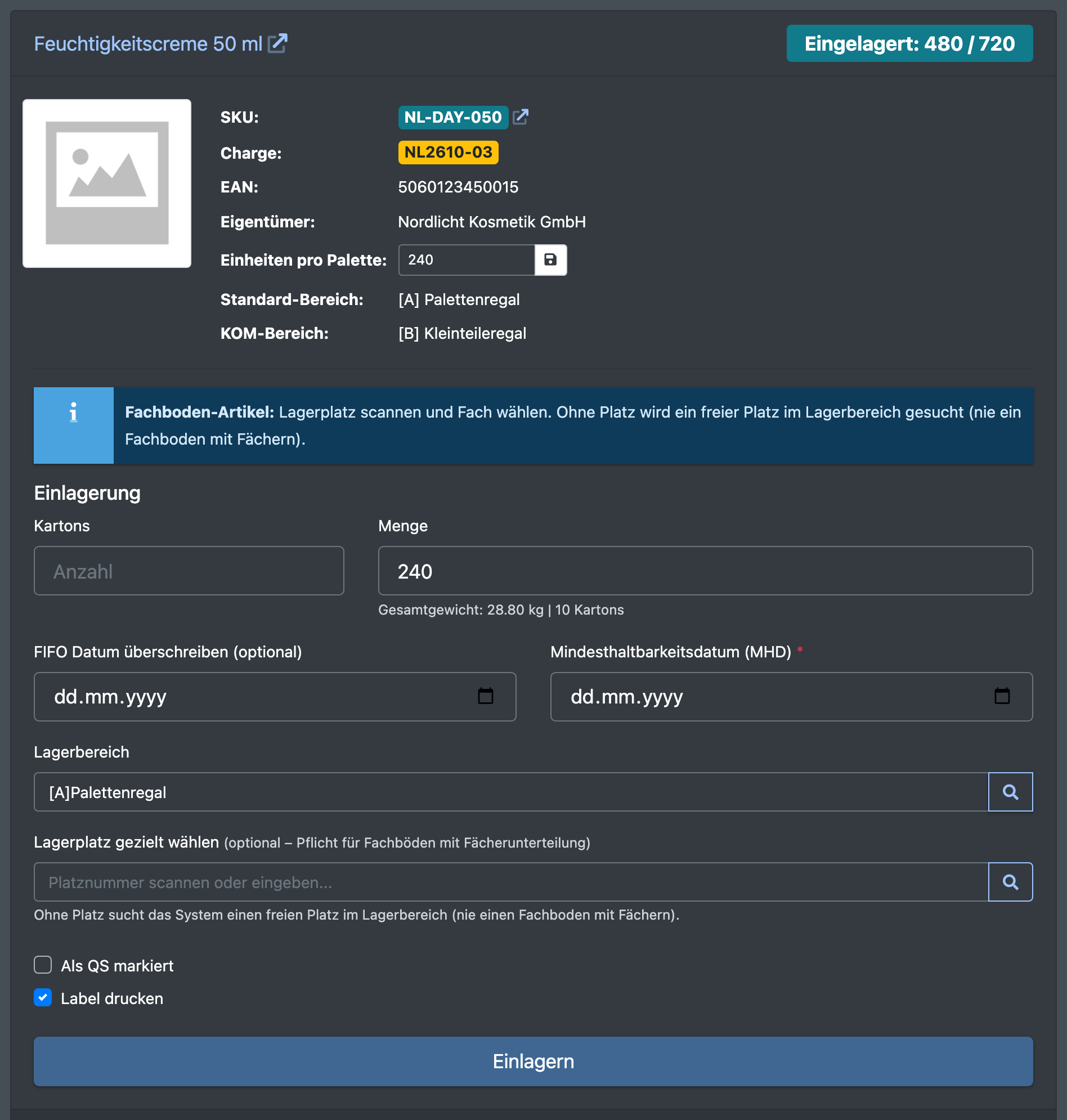 Screenshot: Bereich „Artikel-Details“ mit Lagerbereich, Menge, MHD und den Schaltern „Als QS markiert“ und „Label drucken“