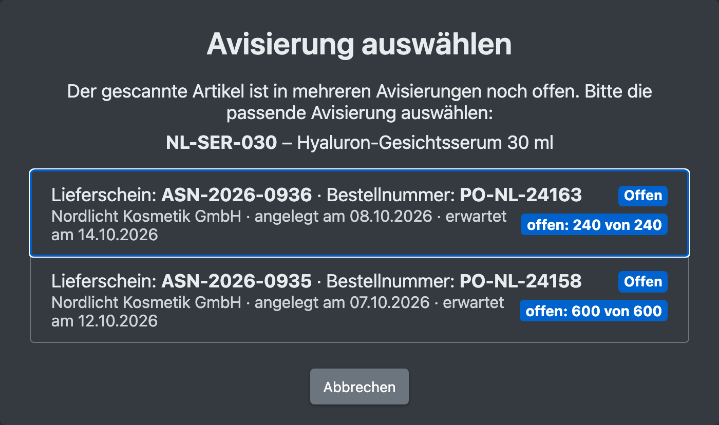 Screenshot: Dialog zur Auswahl einer von mehreren offenen Avisierungen nach dem Scan einer Artikel-EAN