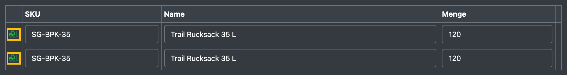 Screenshot: Auftragsformular mit dem grünen Stapler-Symbol in einer Positionszeile