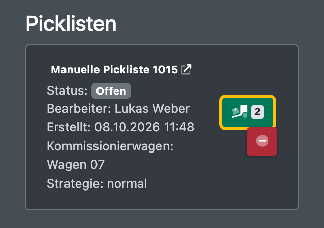 Screenshot: Auftragsfenster, Reiter „Picklisten“, mit der Transit-Schaltfläche an einer Pickliste
