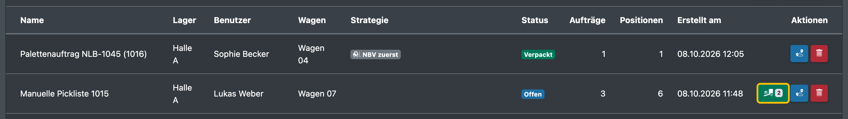 Screenshot: Picklisten Übersicht mit der grünen Stapler-Schaltfläche und der Anzahl der Transit-Paletten in der Spalte „Aktionen“