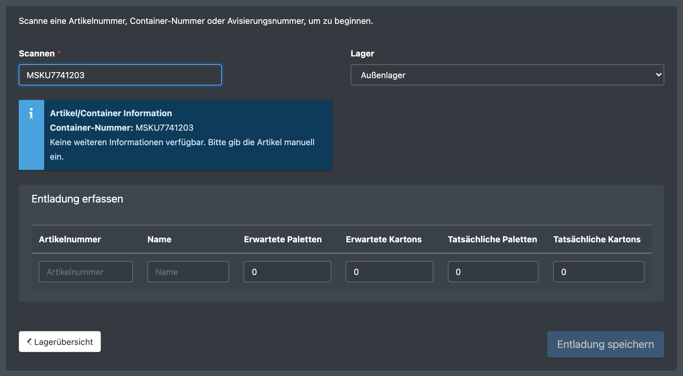 Screenshot: „Entladung erfassen“ mit einer leeren Zeile zur manuellen Eingabe nach dem Scan einer Containernummer