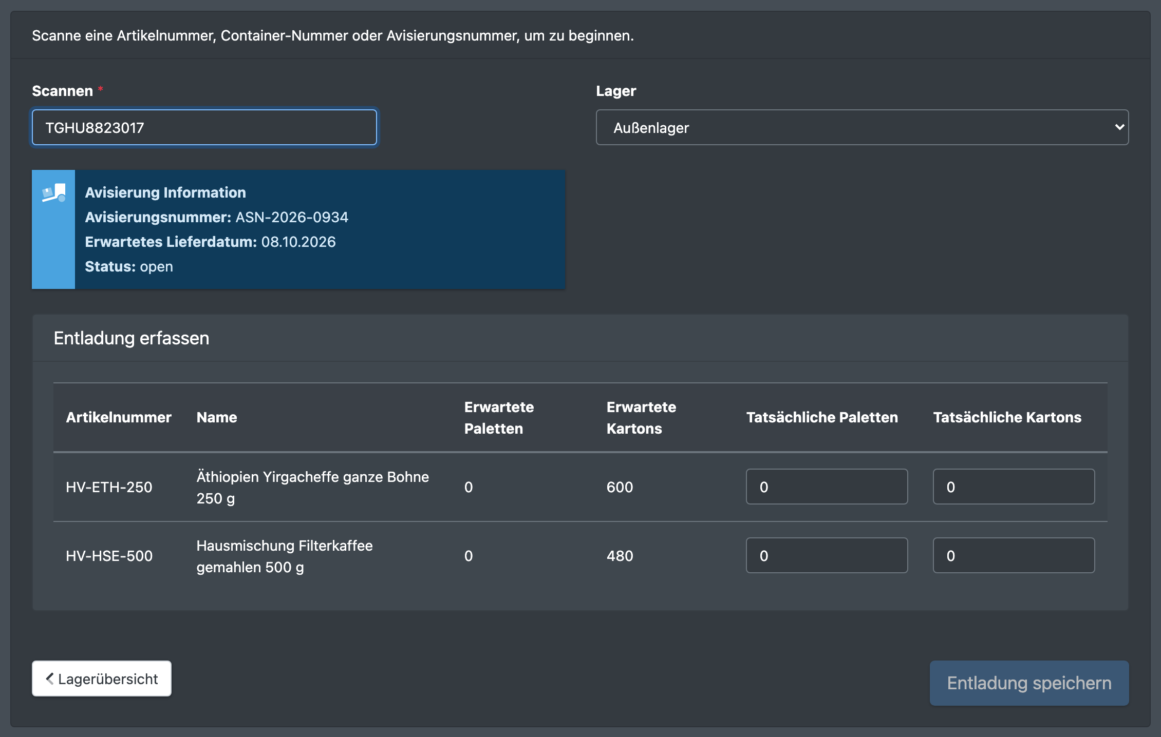 Screenshot: Kasten „Avisierung Information“ und Tabelle „Entladung erfassen“ mit erwarteten und tatsächlichen Paletten und Kartons je Position