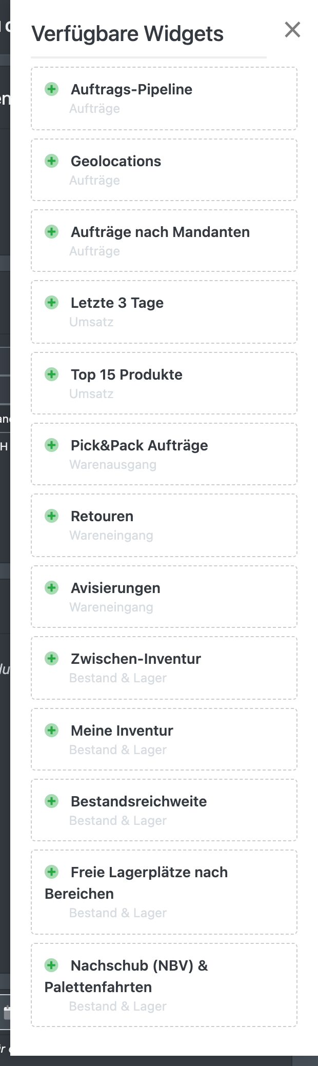 Screenshot: Bereich „Verfügbare Widgets“ nach Bereichen sortiert
