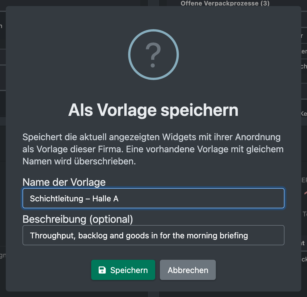 Screenshot: Dialog „Als Vorlage speichern“ mit Name der Vorlage und Beschreibung
