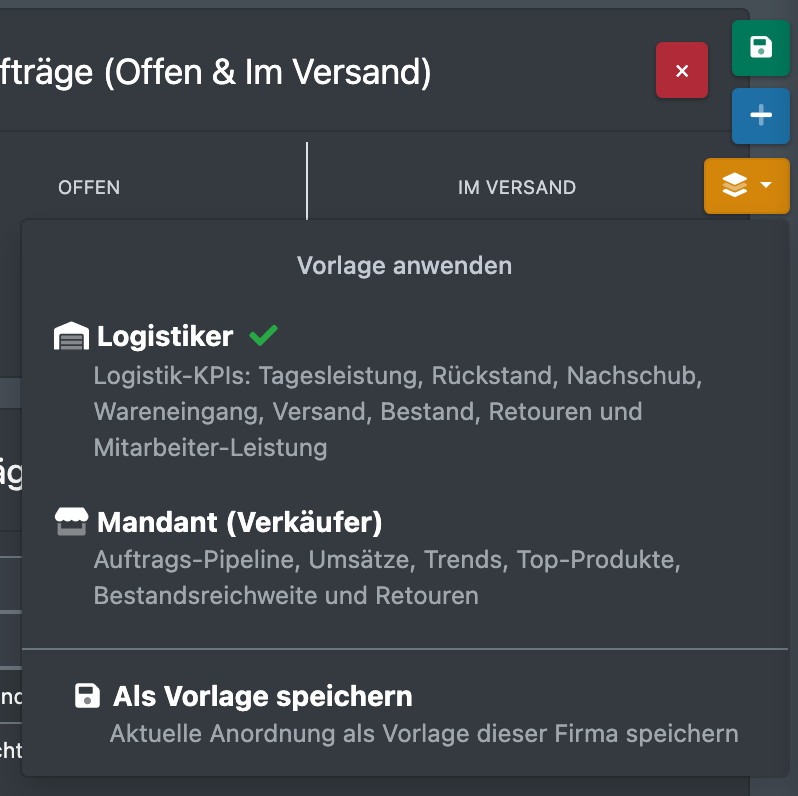 Screenshot: Geöffnetes Vorlagen-Menü mit „Vorlage anwenden“, den Rollen-Vorlagen, „Eigene Vorlagen“ und „Als Vorlage speichern“