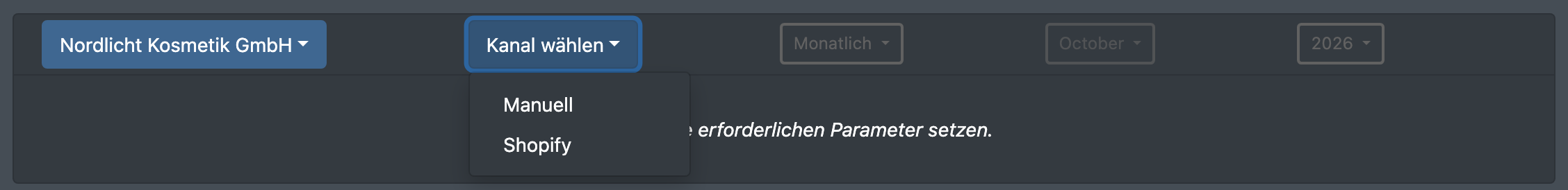 Screenshot: Geöffnete Liste „Kanal wählen“ mit den Verkaufskanälen der gewählten Firma