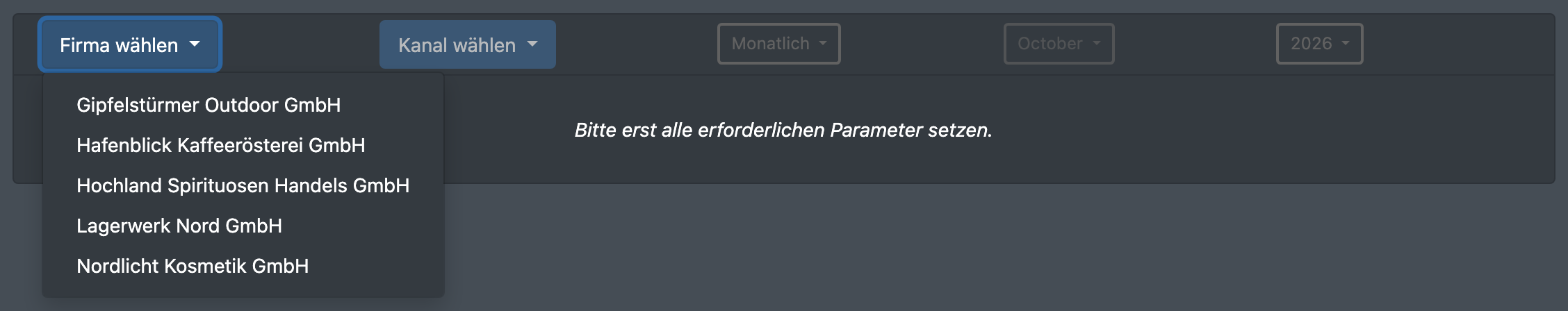 Screenshot: Geöffnete Liste „Firma wählen“ mit dem Logistiker und seinen Mandanten